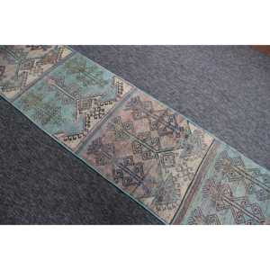 พรมวินเทจ Herki ขนาดเล็ก 2.4x9.9 ฟุต (73x303 ซม.) พรมขนสัตว์ลายเรขาคณิตสีเทอร์ควอยซ์แบบตุรกี - Product Image 3