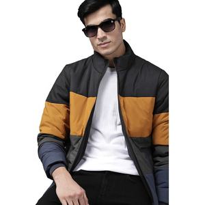 Veste matelassée pour homme, couleur noire et jaune moutarde, blocs de couleur, fermeture éclair intégrale, col montant, veste d'hiver pour homme - Product Image 1