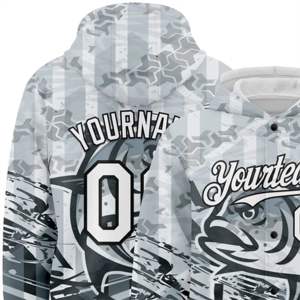 Chaqueta con capucha personalizada gris blanco-negro gigante Trevally Fish Fishing 3D Bomber Full-Snap Varsity Letterman - Product Image 6