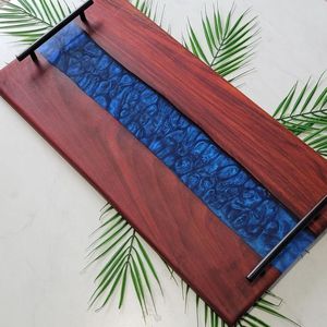 Bandeja de Servir Rectangular de Madera de Teca con Resina Epoxi Azul Premium, Tabla Decorativa para Charcutería, Juego de Platos para Cocina, Comedor y Hogar - Product Image 3