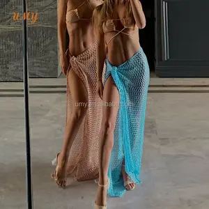 Maxi abito personalizzato all'uncinetto copricapo da spiaggia costumi da bagno da donna Bikini Sarong ingrosso cravatta gonna lunga