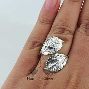 Dual Leaf Sterling <b>Silver</b> <b>Statement</b> <b>Ring</b> Handmade Size Adjustable Design Plant Lover Gift for Her Birthday Anniversary Christmas - Product Image 2