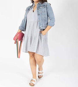 Robe trapèze rayée en lin grande taille avec tissu respirant, silhouette flatteuse, design sans manches, style vintage, prête pour l'été - Product Image 5
