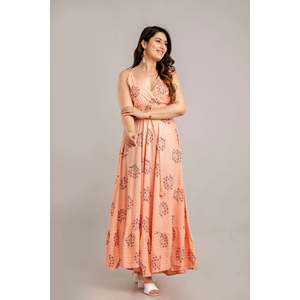 Robe longue évasée sans manches imprimée fleurs pêche SHKUP1367, taille unique, taille élastique, respirante, durable, grande taille, pour le quotidien - Product Image 4