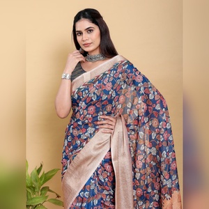 Sari de Algodón y Lino con Diseño Floral Artístico en Color Azul Marino y Cobre, Modelo GG-616, Incluye Pieza, Especificaciones para Uso Festivo - Product Image 5