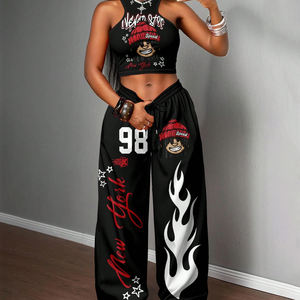 Custom Anti Pilling Digitally Printed Casual Summer Pants Mid-Rise Flat Front <b>Drawstring</b> Waist Wide-Leg Fit in Spandex/Polyester - Product Image 3