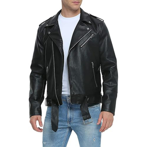 <b>Leather</b> Bomber Motorcycle <b>Jackets</b> for <b>Men</b> Faux Slim Fit Lapel Coat with Asymmetric Zip-Up & Belt Design - Product Image 4