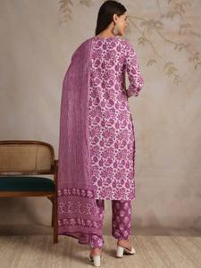 Mujeres étnicas púrpura Floral impreso puro algodón recto Kurta con pantalones y Dupatta indio pakistaní salwaar kameez traje - Product Image 6