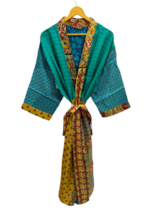 Bata de novia Bata de seda ligera para mujer Ropa de noche Bata larga, Kimono Sari de seda reciclada vintage indio con estampado floral, - Product Image 2