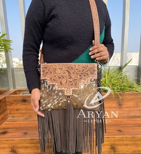 High Quality Luxury Hand Tooled Leather Fringe Crossbody <b>Square</b> Purse for Women Custom Fashion Cowhide Leather Shoulder Handbags - Product Image 1