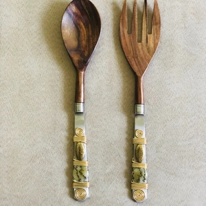 Handcrafted Acacia <b>Wood</b> Eco-Friendly Luxury <b>Salad</b> <b>Server</b> Set Decorative Carved Handles Rustic Spoon Fork Utensils for Kitchen - Product Image 3