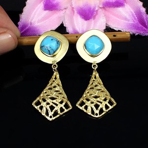 Wholesale <b>Turquoise</b> Gemstone 14K Gold Plated Brass <b>Earrings</b> Trendy <b>Hoop</b> Style with Rhodium Rose Gold Finish for Religious Gift Occasions - Product Image 1