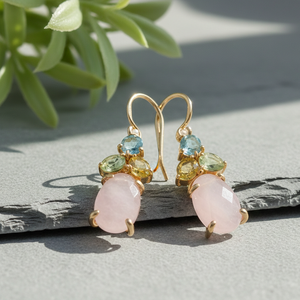 Boucles d'oreilles pendantes en argent sterling 925 plaqué or 18 carats avec calcédoine rose et topaze bleue, pierre précieuse ovale 15*20mm, cadeau pour elle - Product Image 4