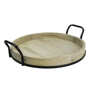 Elegante bandeja redonda de madera con base de metal fuerte, ideal para cocina, mesa de comedor, servicio de fiesta y uso diario en el hogar de la India - Product Image 1