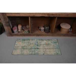 Tapis turc vintage grande zone de 1,5x3,2 pieds en laine faite à la main avec support en Latex motif Patchwork Beige vert pour décor de couloir - Product Image 4