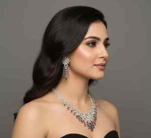 Conjunto de Collar y Aretes de Plata con Piedras AD de la Mejor Calidad para Mujer, con Base en Tono Plateado, Joyería Elegante para Fiestas - Product Image 1