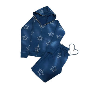 Streetwear Rhinestone Tracksuits Custom Cotton Terry <b>Oversized</b> Zip up Men Flare <b>Sweatpants</b> and Hoodie Set Acid Wash Tracksuit - Product Image 5