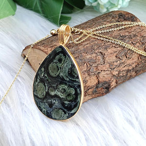 Female necklace jewelry natural kambaba jasper <b>long</b> teardrop pendant necklace 18k <b>gold</b> plated cable <b>chain</b> statement necklace - Product Image 2