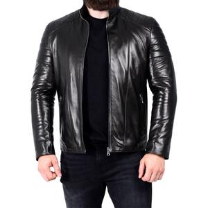 Chaqueta bomber de cuero de piel de oveja negra sólida de moda clásica para hombre con dos bolsillos interiores de invierno - Product Image 6