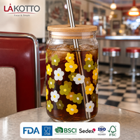 LAKOTTO 500ml Verre à boire en verre imprimé marguerite avec couvercle en bois et paille en acier, verrerie en gros, logo personnalisé, promotionnel