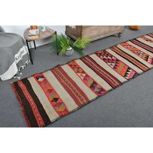 Tapis Turc Vintage Ethnique Beige 2.6 X 11ft Grande Surface Classique Rectangle Patchwork Design Laine PP Matériel Latex pour Couloir - Product Image 1