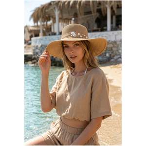 Sombrero de Paja Color Camel para Mujer con Cinta y Perlas HSR2071 - Camel8 - Product Image 4