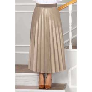 Beige <b>Elastic</b> Waist Pleated Satin Cotton Chiffon Hijab <b>Skirt</b> with Embroidery Soft and Breathable Midi Short Office Lady Style - Product Image 3