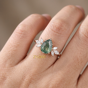 Pear Cut Moss Agate <b>Ring</b> 14K Gold Botanical Engagement <b>Ring</b> Green Moss Agate Floral <b>Fine</b> Jewelry <b>Ring</b> - Product Image 6