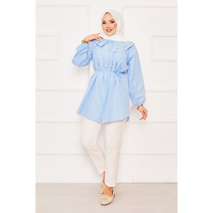 Double Collar Drawstring Waist Modest <b>Tops</b> Baby Blue Hijab Shirt - Product Image 3