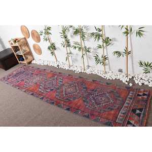 2.9x11.5 ft <b>Runner</b> Turkish Rug, Vintage Rug, <b>Red</b> Blue Floral Wool Rug - Product Image 2