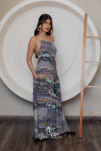 Robe longue sans manches à bretelles spaghetti délicates avec taille cintrée à imprimé géométrique abstrait pour les événements de soirée - Product Image 2