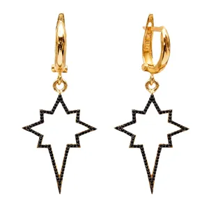 Boucles d'oreilles pendantes en argent plaqué or rose, étoile turque artisanale, zircon noir, pour femmes - Cadeau tendance pour mariage et fête - Product Image 1