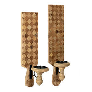 Candelabro de pared de madera rústica con patrón a cuadros y soporte de metal negro decorativo montado en la pared acento ligero - Product Image 4