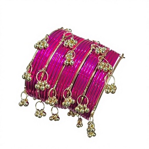 Pulseras Churiyan Kasmiri Rosadas Multicolor, Kadda Dorado, Ghungaro de Perlas, Diseño Geométrico Moderno, Colores y Tamaños Personalizables para Mujer - Product Image 1