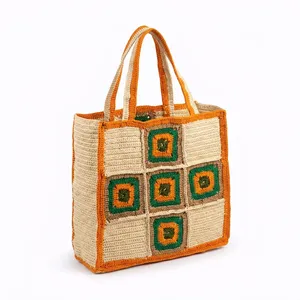 Handwoven Eco-Friendly Handmade <b>Raffia</b> <b>Tote</b> Bag Straw Shopping Carryall Open Top Floral and Panelled Summer Beach Travel - Product Image 2