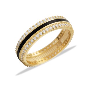 Anillo de Boda con Circonitas y Baño de Rodio sobre Esmalte Negro, Joyería Turca Hecha a Mano, Plata de Ley 925, Venta al Por Mayor - Product Image 4