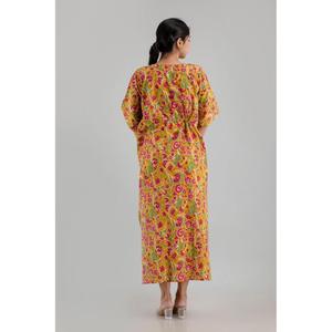 Robe longue ethnique jaune à imprimé floral, en pur coton, taille élastique, longueur genou, vêtements décontractés pour la journée - SHKUP1251 Tailles XS à XL - Product Image 2