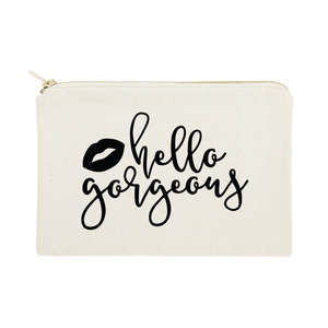 Bolsa de Cosméticos de Lona de Algodón Ecológica Hello Gorgeous, Bolsa de Maquillaje de Viaje con Cierre de Gran Capacidad, Práctica y Moderna con Patrón de Letras - Product Image 1