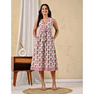 Vestido de Algodón Mulmul con Estampado Floral Rojo y Blanco, Estilo Butta Block, Elegante y Casual, Disponible en Tallas XS-XXL, Ideal para el Día, la Playa, Fiestas, Club, Transpirable - Product Image 5