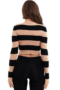 Suéter corto de punto a rayas de uso diario para mujer Suéter de cuello alto cálido corto elegante y cómodo Servicio ODM OEM de manga larga - Product Image 5