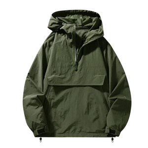 Chaqueta cortavientos con capucha negra para hombre-Manga larga, cintura con cordón, cierre de cremallera - Product Image 1