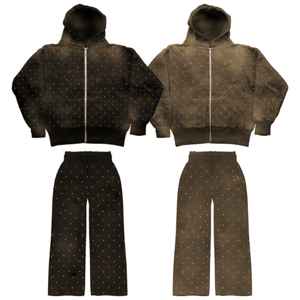 Nouveaux hommes respirant hiver imprimé fermeture éclair à capuche en détresse lavage à l'acide 100% coton polaire deux pièces survêtement ensemble Jogging costume - Product Image 5