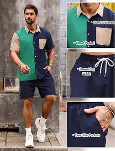 Ensembles courts d'été décontractés pour hommes Chemise boutonnée et short à manches courtes contrastées Ensemble 2 pièces Survêtement - Product Image 5
