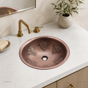 Handmade Copper Vessel <b>Sink</b> Single Bowl <b>Round</b> Rustic Matte Hammered Surface Grape Design Counter <b>Bathroom</b> <b>Sink</b> Easy Clean DIVRIS - Product Image 3