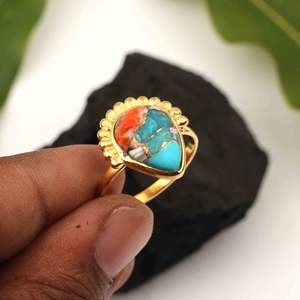 Amazing Spiny Oyster Copper Turquoise Ring 925 Sterling <b>Silver</b> 10x14mm Pear Shape Gold Plated Eternity Vermeil Bohemian Jewelry - Product Image 2