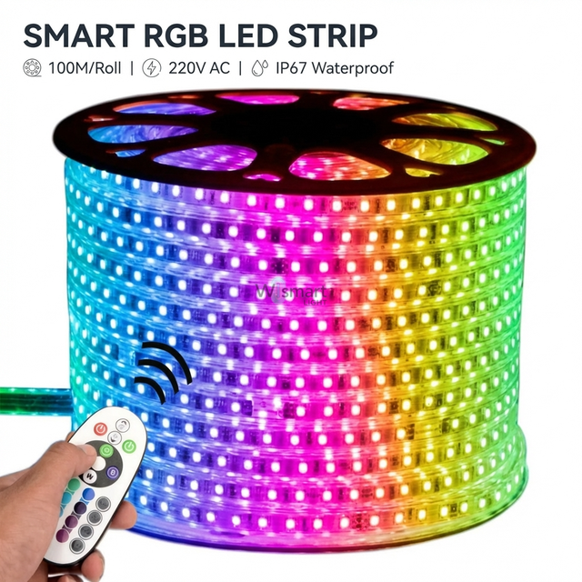 AC110V 5050 RGB LED Strip Light 100M Roll 60LEDs/m IP67 Waterproof Smart App Voice Control Outdoor Landscape