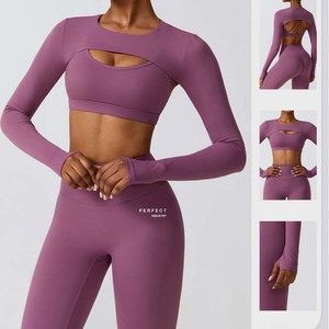 Perfect Industry Women 3 Piece Yoga Set Purple <b>Long</b> Sleeve Crop Top High Waist Leggings Cut-Out Design Seamless Spandex Set - Product Image 1