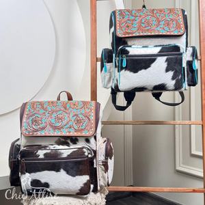 Nueva llegada 2025 mochila de piel de vaca de gran capacidad floral bolsa de pañales de viaje multifunción de cuero mecanizado a mano de alta moda - Product Image 1