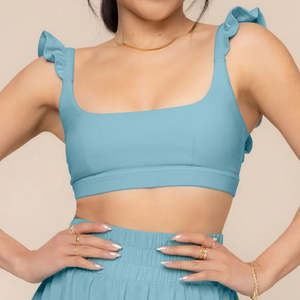 OEM Custom Manufacturers Soft Square Neckline Low Back Ruffled Shoulder Straps Sports <b>Bra</b> for Women - Product Image 1