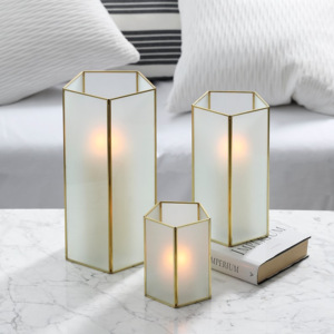 Luxury <b>Tall</b> Geometric Metal Brass Frosted Glass Church Pillar <b>Holder</b> for Home Decoration Hurricane <b>Candle</b> <b>Holder</b> - Product Image 3